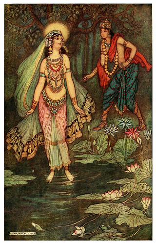 002-Shantanu se encuentra con la diosa Ganga-Indian myth and legend 1913-Warwick Goble