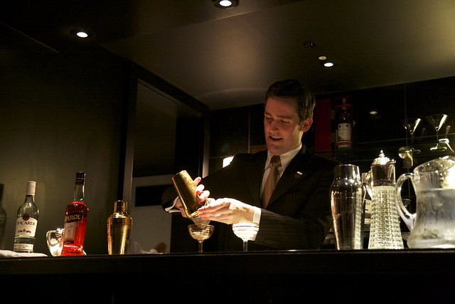 Chris Moore, Head Bartender at The Savoy Beaufort Bar, mixes up his Bacardi Legacy creation The Encantador 