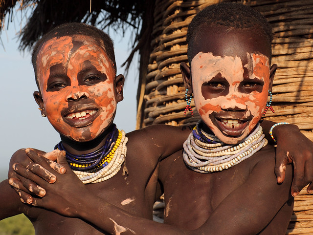 Ethiopia tribes Karo people Two girls with body painting and best friends 