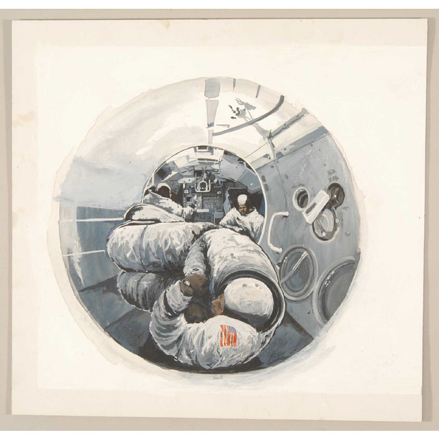sketch inside space craft from above one astronaut into 2nd module beyond
