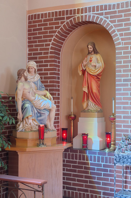 Saint Joseph Church, in Prairie du Rocher, Illinois, USA - statues of the Pieta and Sacred Heart of Jesus
