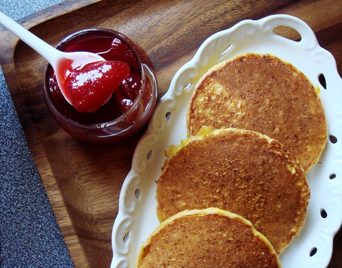 Corn Pancakes with Strawberry Guava Syrup