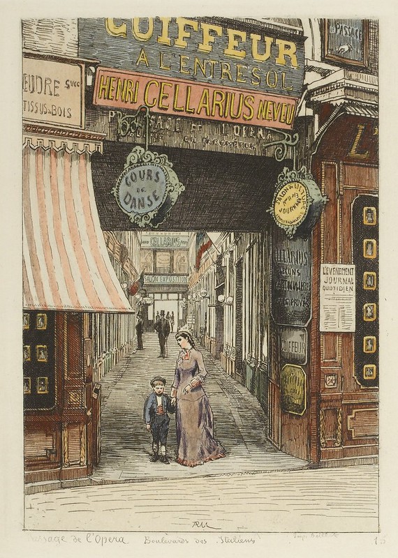 1870s etching of Parisian arcade