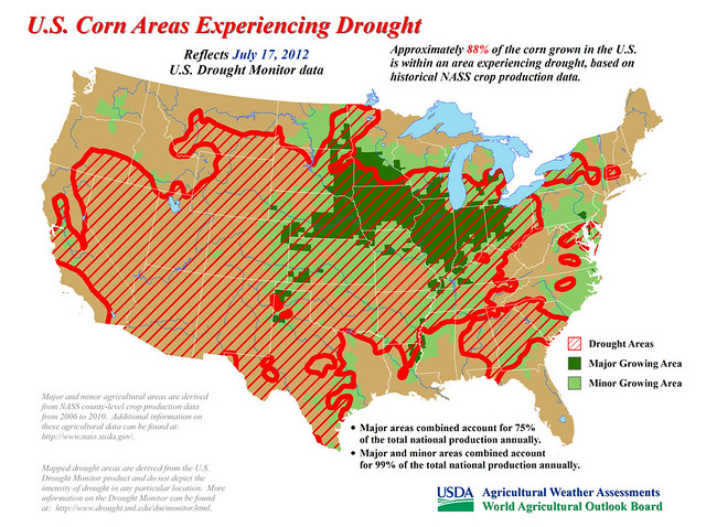 Approximately 88% of the corn grown in the U.S. is within an area experiencing drought, based on historical NASS crop production data.