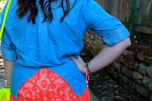 Neon loves chambray outfit: "washed chambray buttonup" from Anthropologie, neon lace pencil skirt, DIY neon necklace, dolce vita sandals, neon satchel, etc.