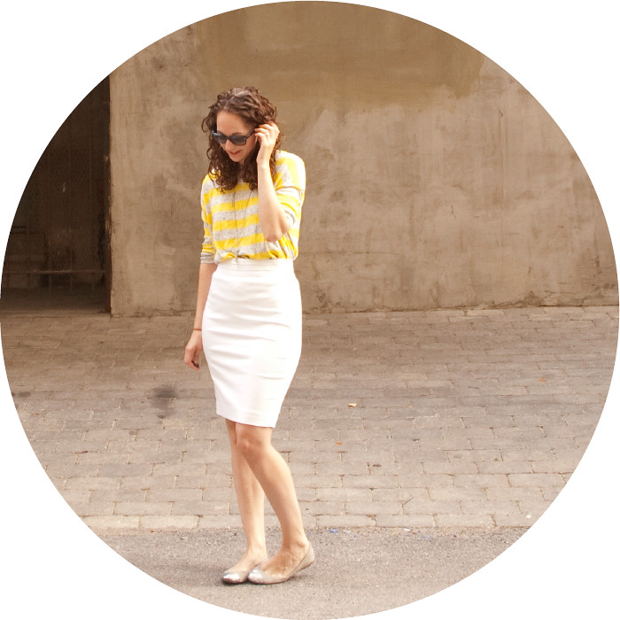 yellow striped sweater, gap stripes, marled v-neck sweater, white pencil skirt, ootd, outfit ideas, how to wear, pencil skirts for work, sometimes i dress like sunshine
