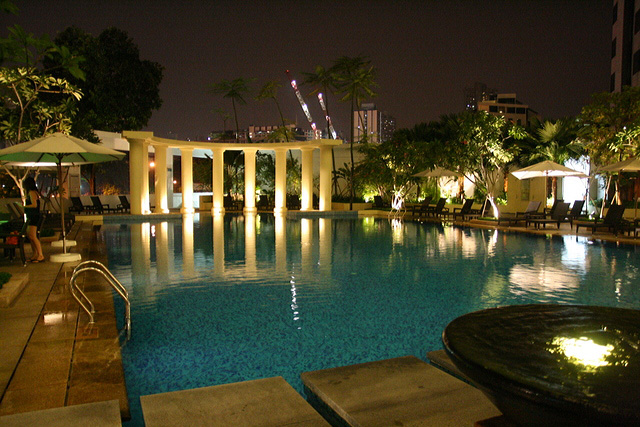 The pool looks nice at night!