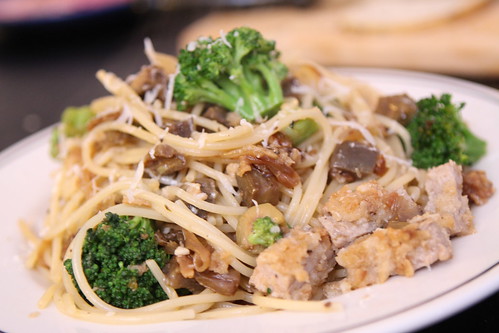 Spaghetti with Breaded Veal, Broccoli, Olives, and Eggplant