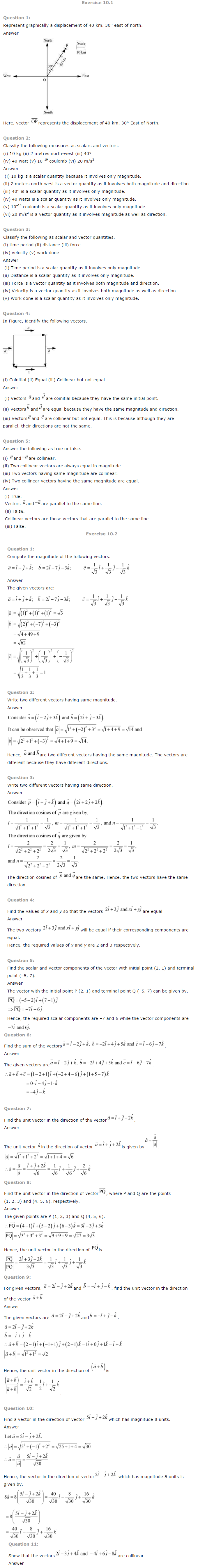 NCERT Solutions for Class 12 Maths Chapter 10 Vector Algebra ex10.1