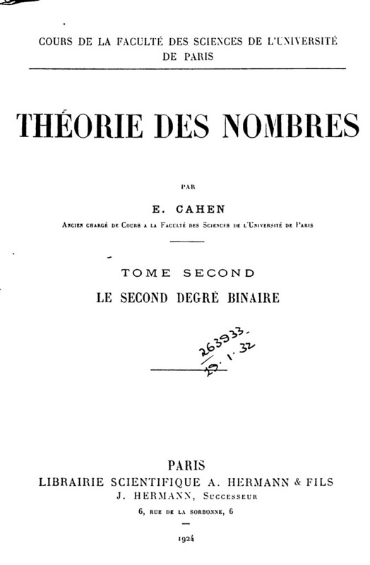 Cahen "Theorie des Nombres" tome 2