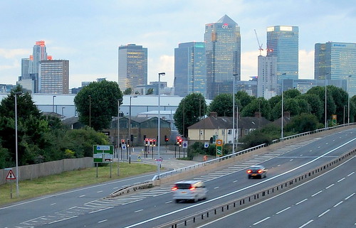 Canary Wharf and traffic at dusk
