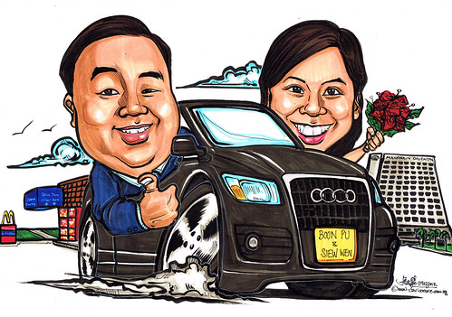 wedding couple caricatures on Audi A5 @ Mandarin Oriental Hotel