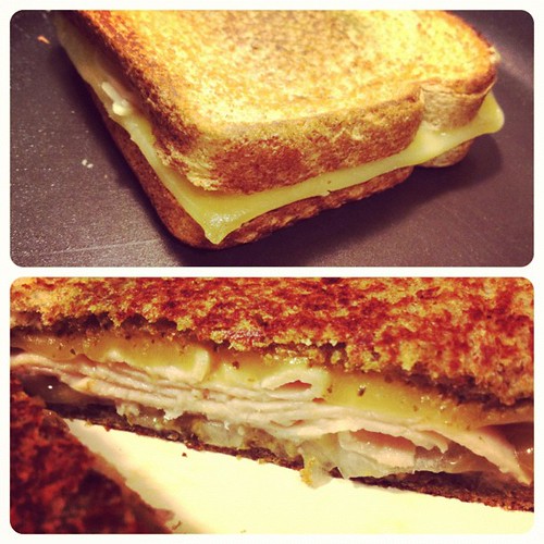 Last night's #dinner #recipe - #grilledcheese #sandwich with #pesto, #turkey, #onions, and #gouda - it was #delicious!