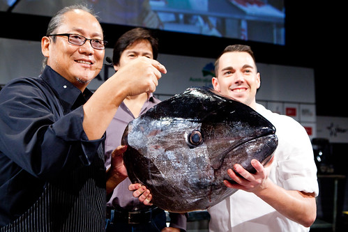 Chef Masaharu Morimoto's, his sous chef for Morimoto NY holding the large Big Eye tuna head