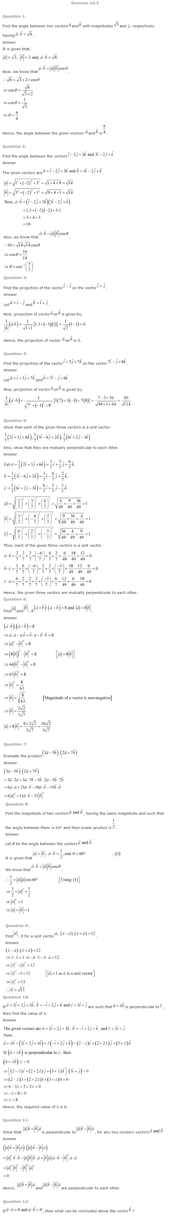 NCERT Solutions for Class 12 Maths Chapter 10 Vector Algebra ex10.3