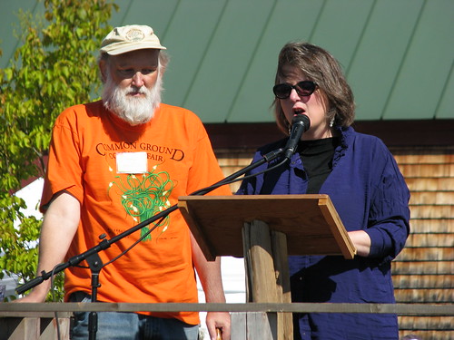 Deputy Secretary of Agriculture Kathleen Merrigan addresses a crowd during her keynote address. Standing next to Merrigan is Maine Organic Farmers and Gardeners Association Executive Director Russell Libby. 
