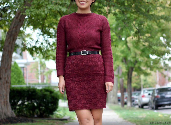 burgundy sweater and lace skirt