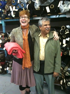 Melinda with her magnificent persimmon wool-cotton coating fabric and Sultan, amused by us (I hope!)