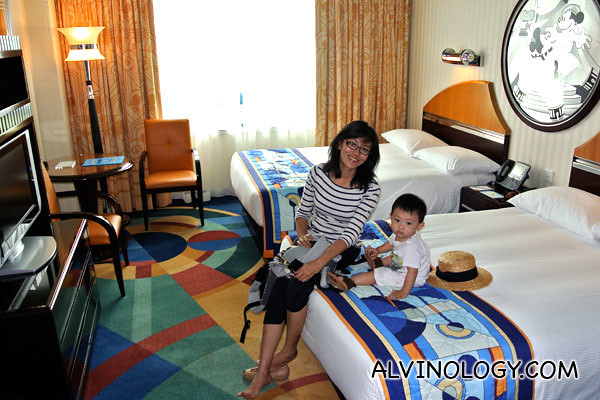 Rachel and Asher in our hotel room in Disneyland Hollywood Hotel