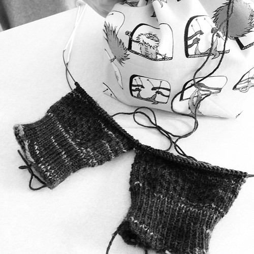 Lorri, progress on your socks! Shown in black and white so the color will be a surprise (I don't remember who I learned this idea from, but thank you!) @massivelorri #sockknitting #iloveagoodwip