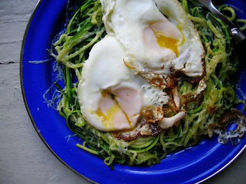 fried eggs and zucchini noodles