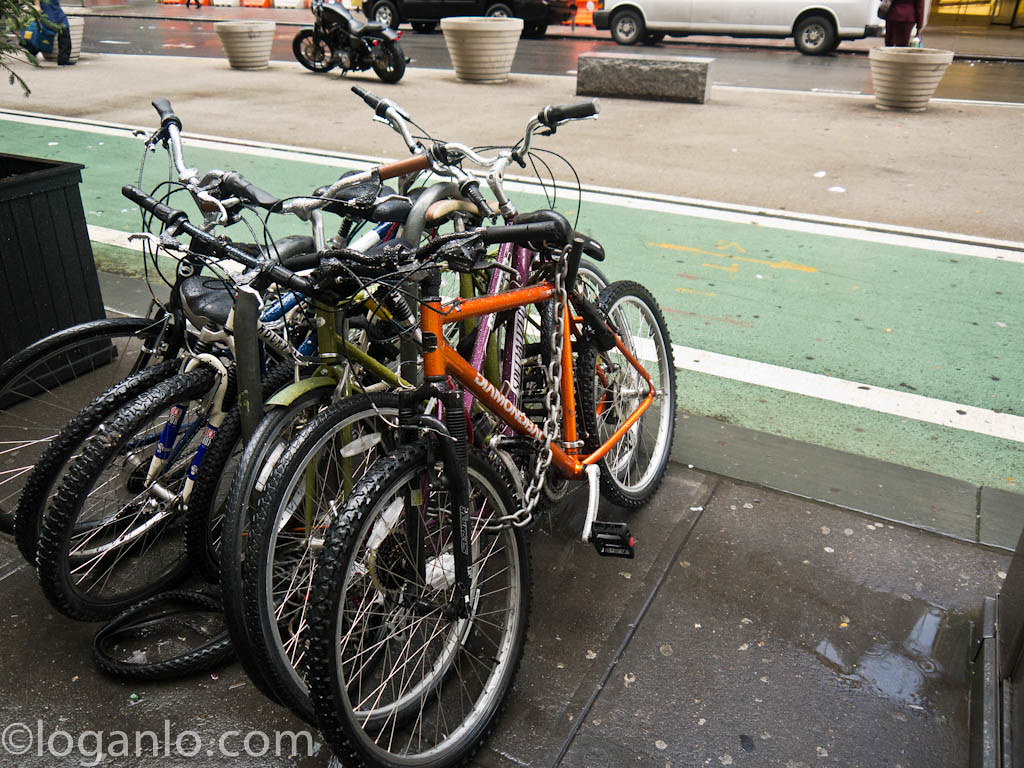 Group of bikes chained together at 59th Street, Columbus Circle