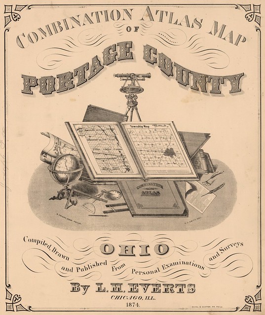 Includes large vignette with the tools of cartographers and surveyors 1874
