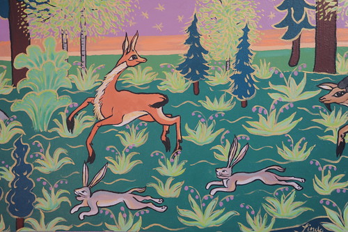 Detail: African Ibex creatures running with jack rabbits in an Alaskan paradise, painting by Linda Lane, 1983, private collection, Anchorage, Alaska, USA by Wonderlane