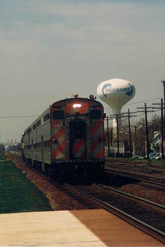 Eastbound Burlington Northern Railroad /  early Metra commuter train.  Brookfield Illinois.  April 1989. by Eddie from Chicago