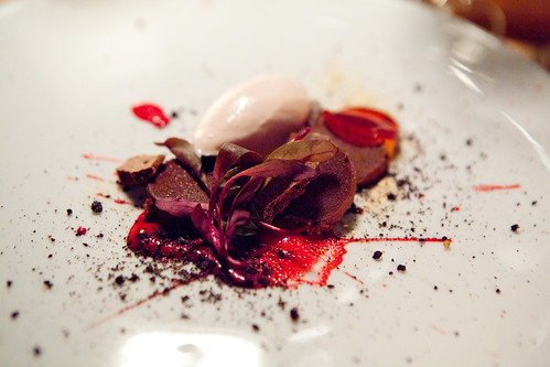 Second dessert (course #7): Chocolate and rose hips