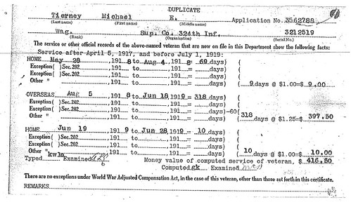 WWI Army Pay Card for Michael Edward Tierney