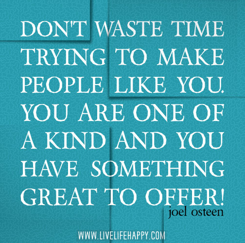 Don’t waste time trying to make people like you. You are one of a kind and you have something great to offer! - Joel Osteen