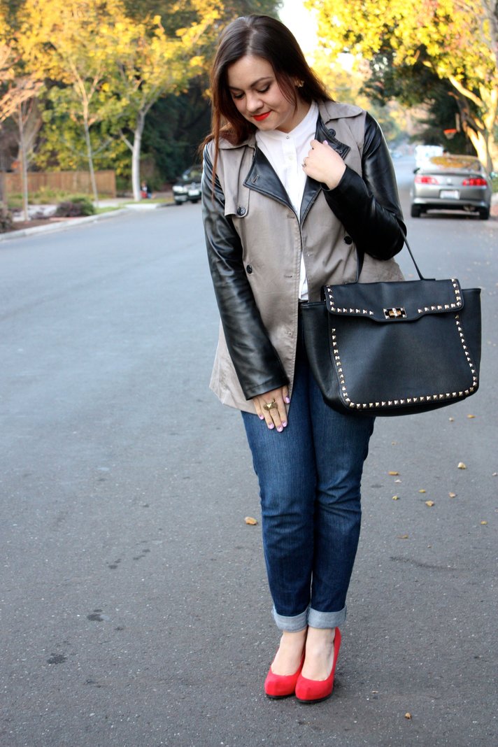 SF Bay Area Fashion & Lifestyle - Leather Sleeve Trench, White Equipment Blouse, Levi's Jeans, Red Pump, Black Studded Trim Tote