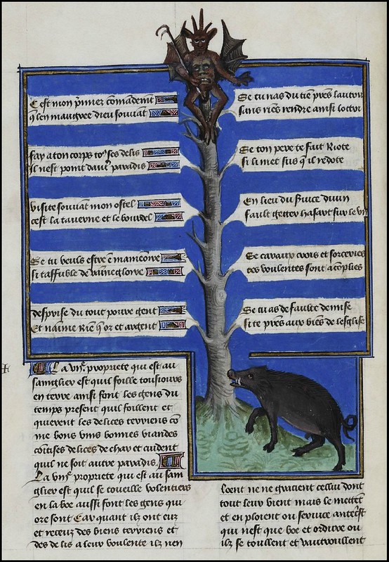 15th century illuminated manuscript miniature: Henri de Ferrières, Les Livres du roy Modus et de la royne Ratio 109