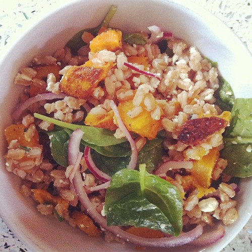 Roasted butternut squash + farro + spinach + feta + pickled red onion + thyme. Thank you smitten for the inspiration!