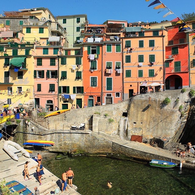 Riomaggiore quay framed among typical coloured buildings