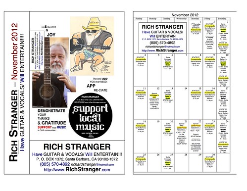 RICH STRANGER - Have GUITAR & VOCALS/ Will TRAVEL & ENTERTAIN - November 2012 Booking Calendar & Schedule by rchrdstranger