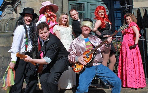 Blair Grandison (George), Fraser Jamieson (Robbie) and Paul Inglis (Sammy) and the principal cast from Allegro's 2012 production of the Wedding Singer. Publicity photo: Kirsty Sutherland