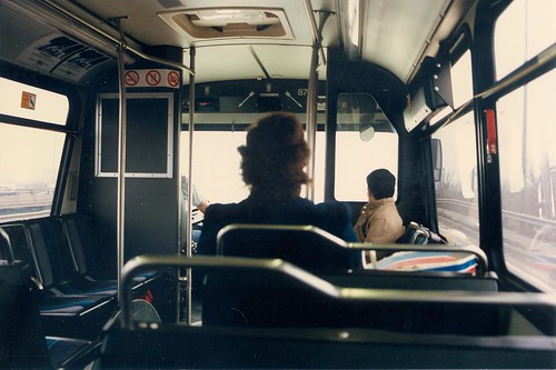 Interior view inside a Pace 40 foot Orion transit bus.  Mc Cook Illinois.  March 1989. by Eddie from Chicago