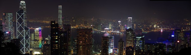 Panorama Hong Kong Skyline at Night viewed from Victoria Peak