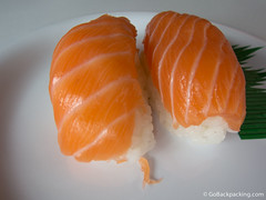 Salmon nigiri at Sushi Train