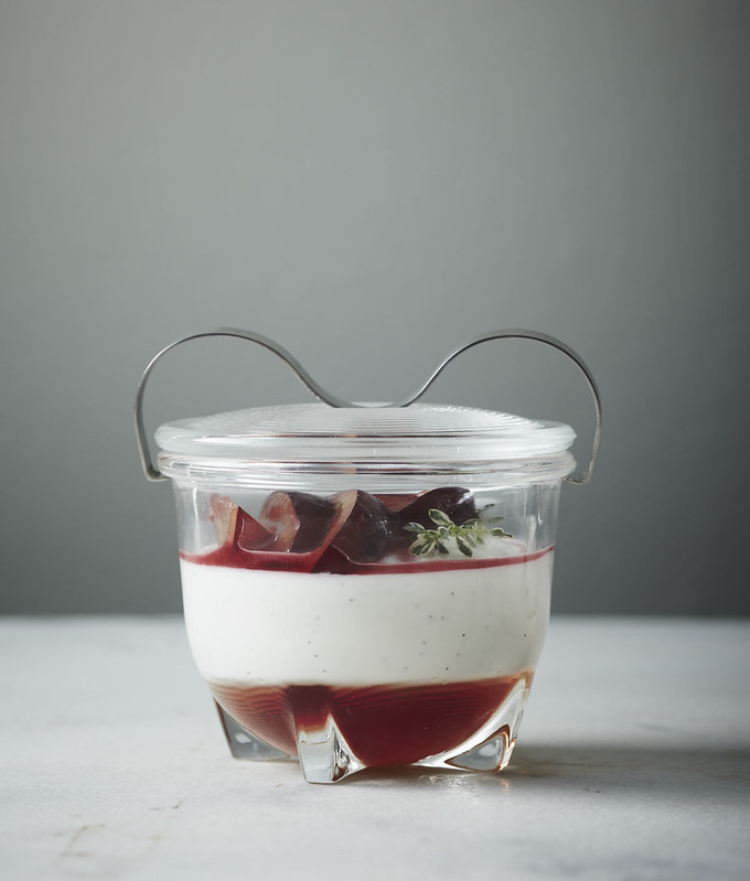 icewine gelée with yogurt mousse and pan-roasted plums