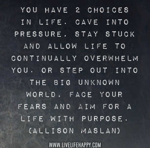 You have 2 choices in life. Cave into pressure, stay stuck and allow life to continually overwhelm you. Or step out into the big unknown world, face your fears and aim for a life with purpose. - Allison Maslan