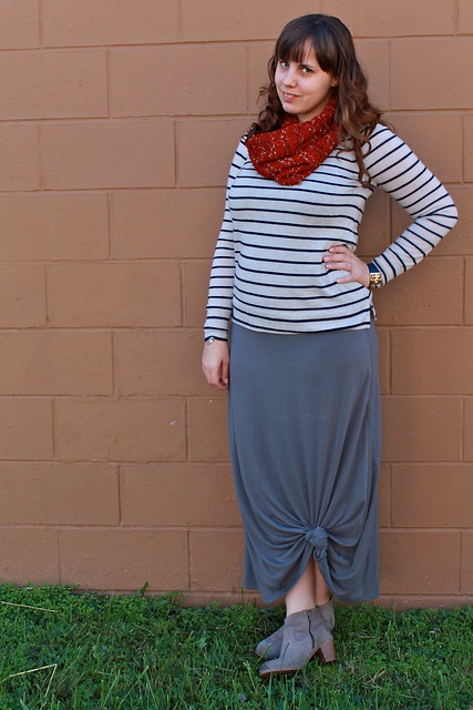 Knotted maxi outfit: knotted maxi skirt, striped J.Crew cashmere sweater, ankle boots, knubbly loop scarf