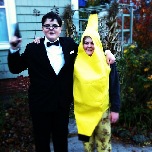 Adam with best friend Noah - Olivia says that Adam really is in a monkey suit now that he's walking around with a banana #halloween #samhain