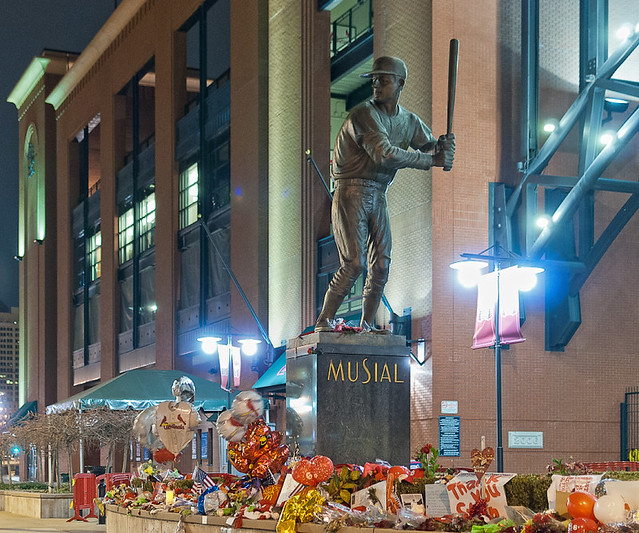 Stan Musial statue with memorials at Busch Stadium, in Saint Louis, Missouri, USA