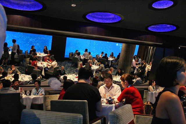 Mirrors on the other side effectively double the restaurant space and brings the oceanarium view to the far side tables