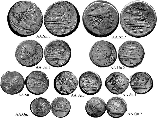 AA Roman Republican Anonymous struck bronzes, McCabe group AA, RRC 38 Semilibral prow-right Sextans, Uncia, Semuncia, Quartuncia; obverse heads face left on Uncia, right on other coins