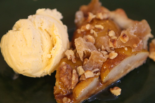 Seckle Pear Tart with Walnuts, Crystallized Ginger, and Boubon Caramel Sauce with Vanilla Ice Cream