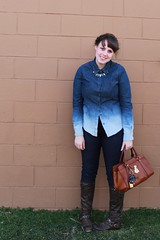 Texas Tux Outfit: Ombré chambray shirt, skinny jeans, brown leather boots, maiden braids, Lauren by Ralph Lauren "Winslow Satchel" bag